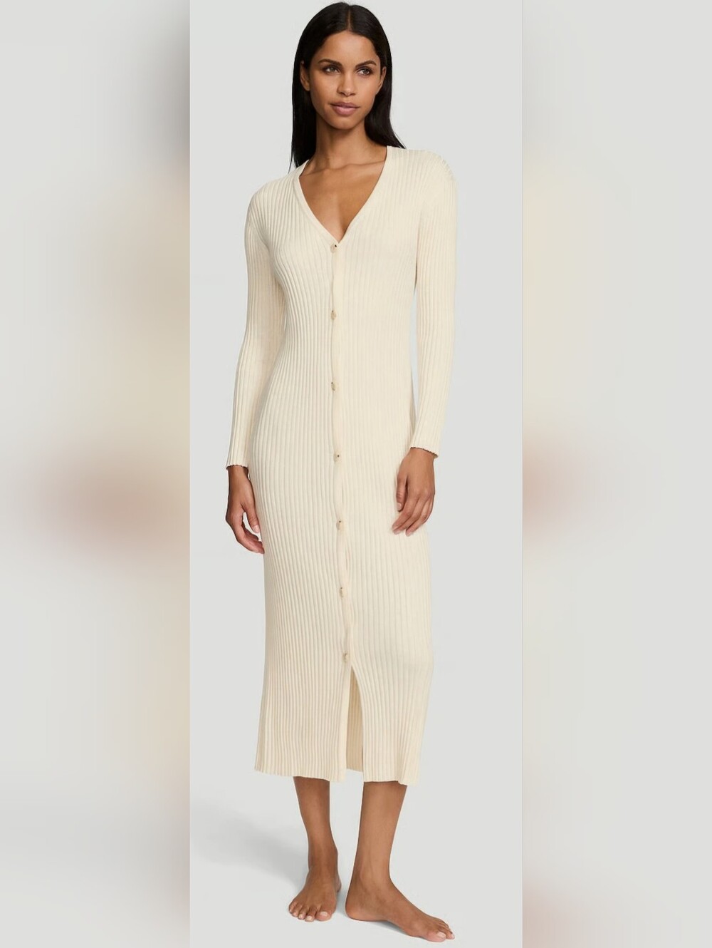 Victoria's Secret Cream Ribbed Button-Front Long-Sleeve Midi Dress XL NWT